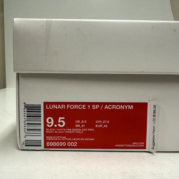 NIB NWT Nike Lunar Force 1 SP / Acronym Low Black White Sneaker Men's 9.5 - Picture 12 of 12